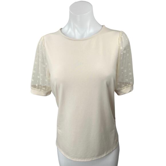 Adrianna Papell Women's Cream Floral Mesh Sleeve Round Neck Blouse Top Size S - Picture 1 of 5